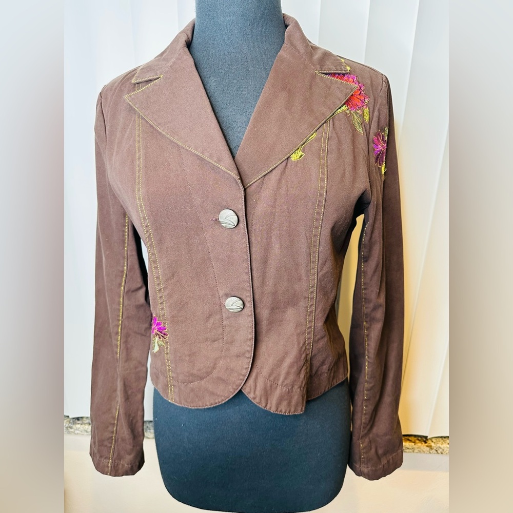 Y2K Poison Ivy Embroidered Brown 100% Cotton Cropped Jacket Boho Size Medium